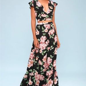 Lulus Good Fleur You Black Floral Print Two Piece Maxi Dress Size XSmall